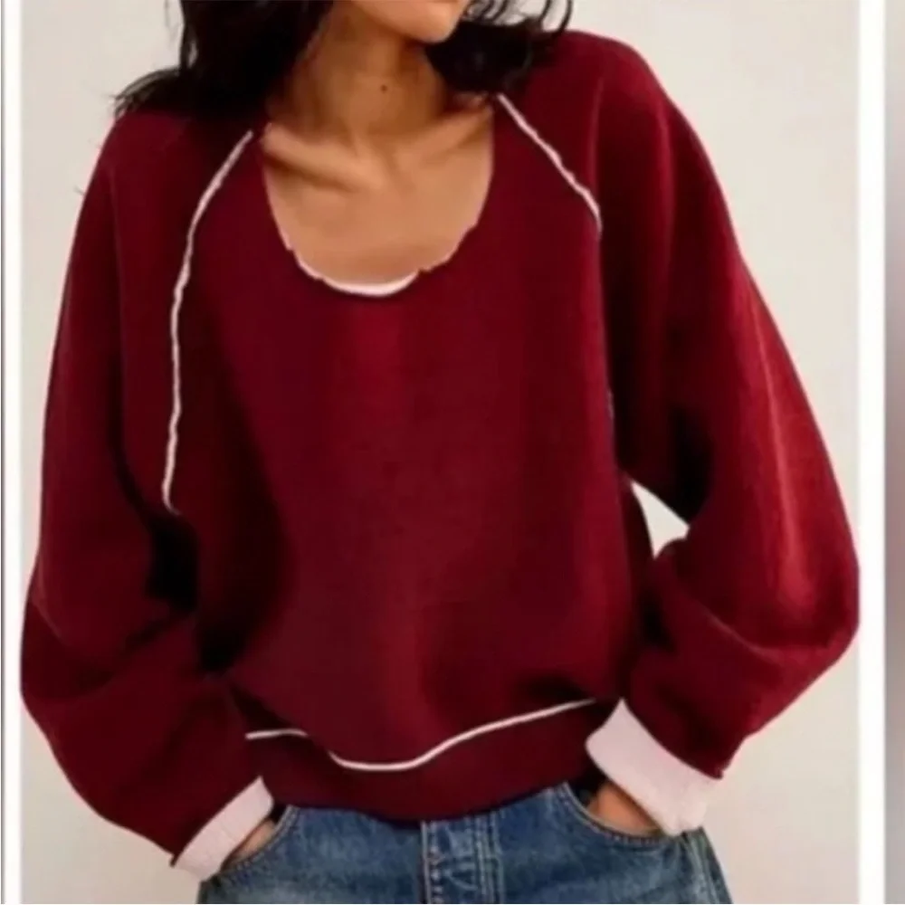 We The Free XSmall Sweatshirt Midnight Pullover in burgundy red with pink piping - Picture 1 of 10